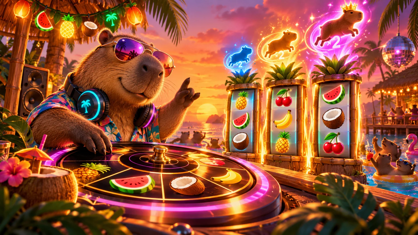 Original tropical artwork of a capybara DJ, vinyl wheel and three fruit reel towers