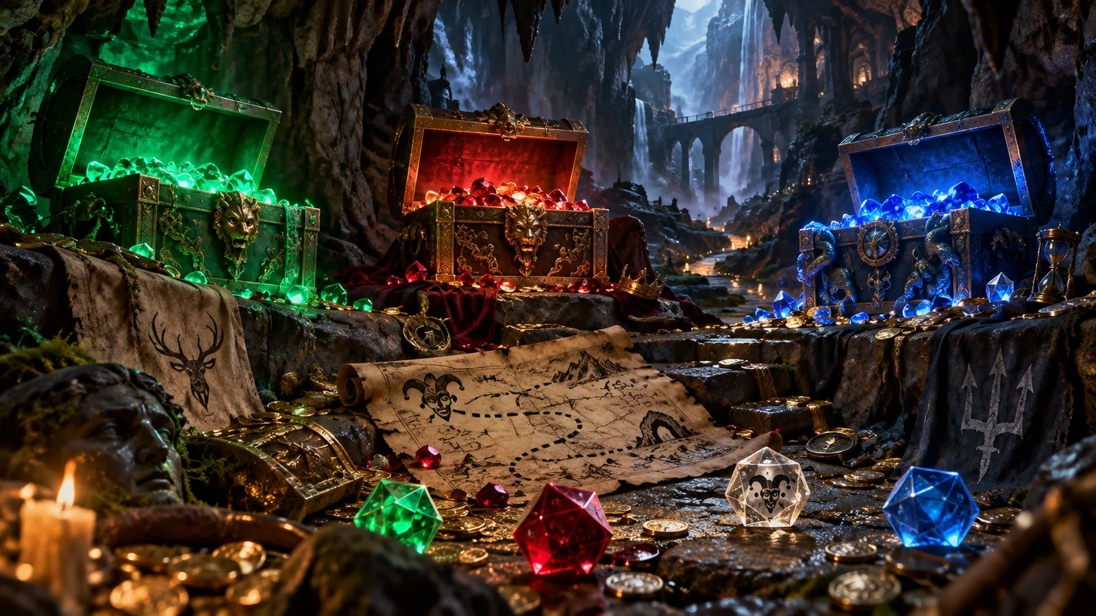 Original illustration of three coloured treasure chests, gems and dice in a torch-lit cave