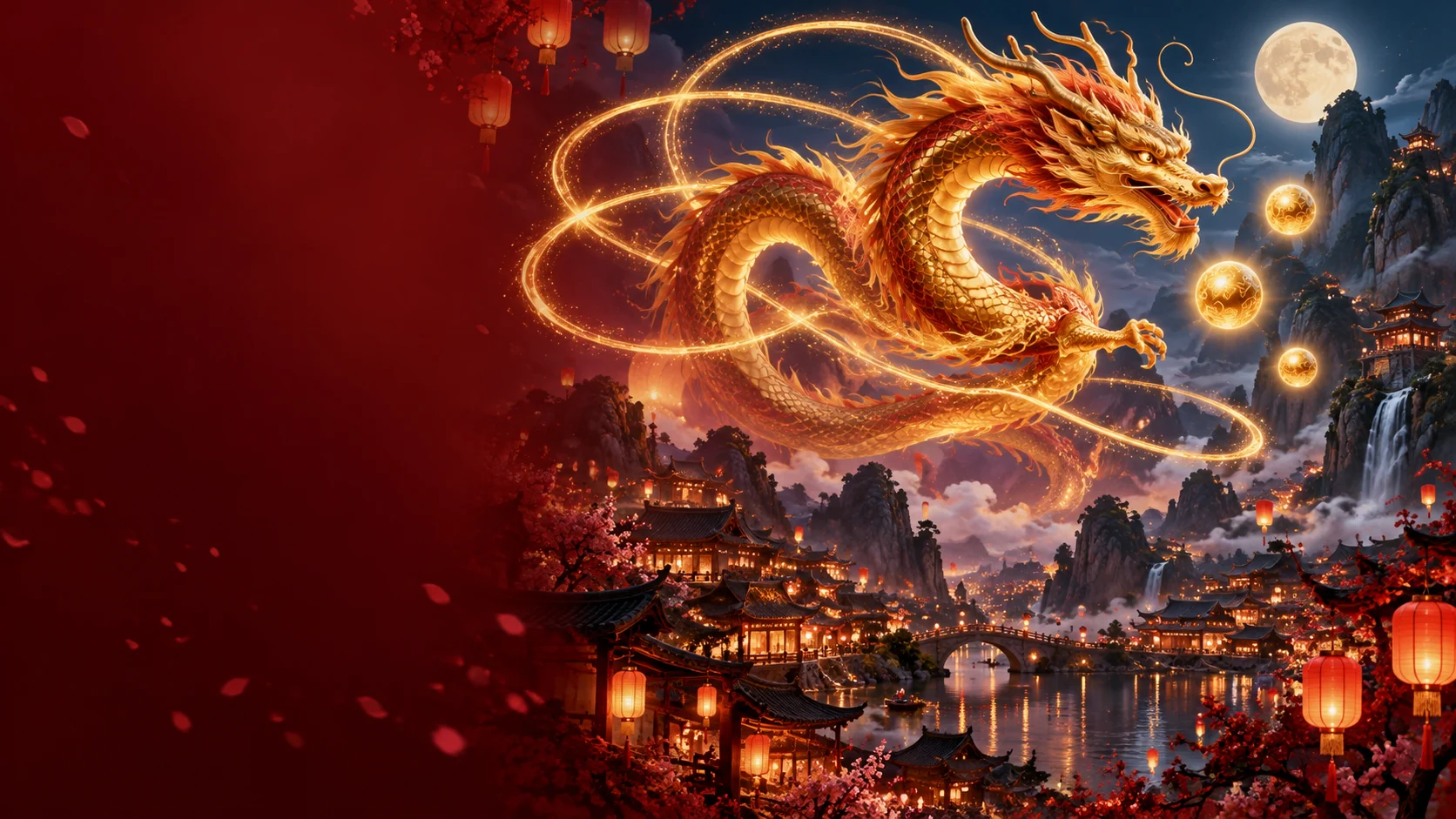 Original editorial artwork of a golden Chinese dragon above a lantern-lit mountain village and circular trails of light