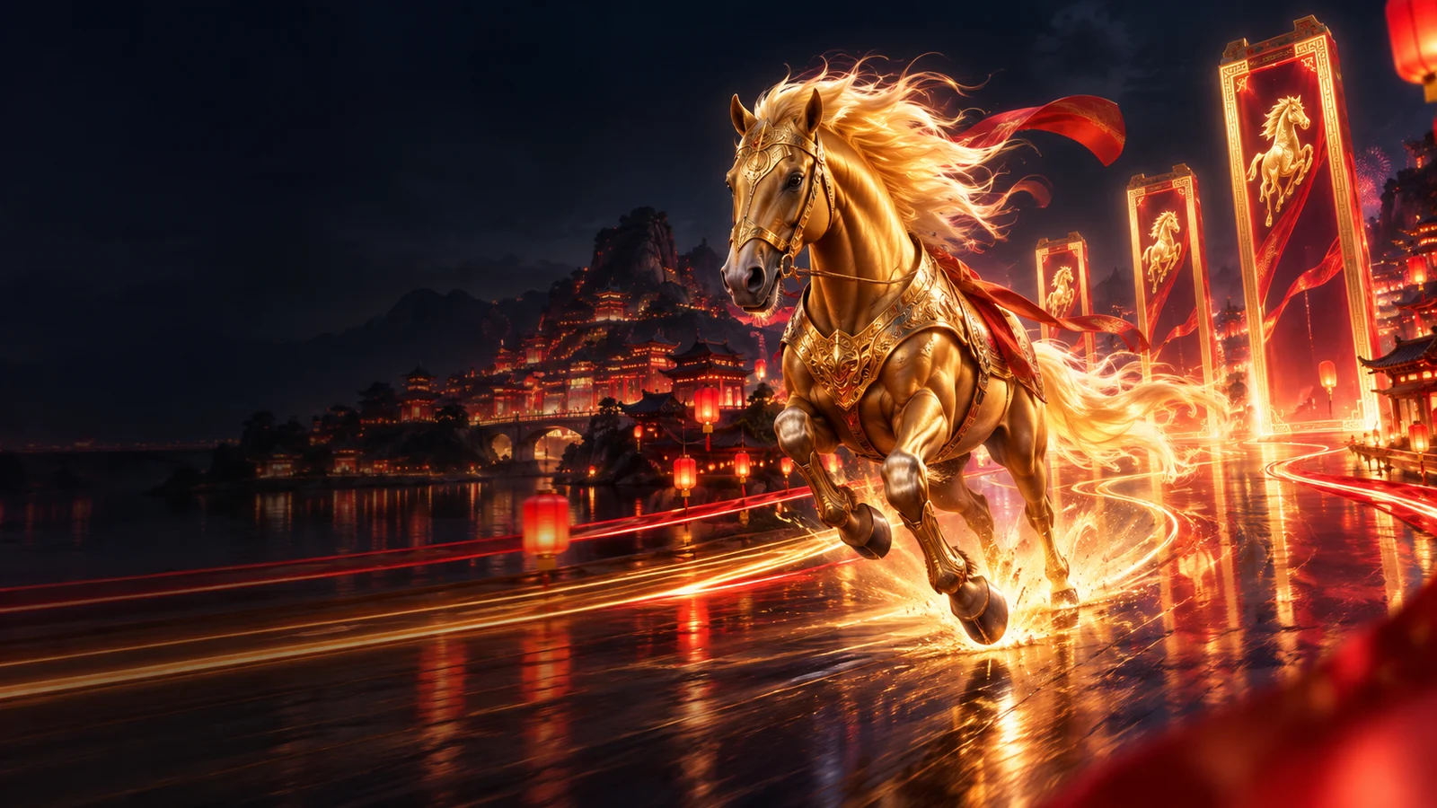 Original editorial artwork of a golden armoured horse racing through a neon festival city
