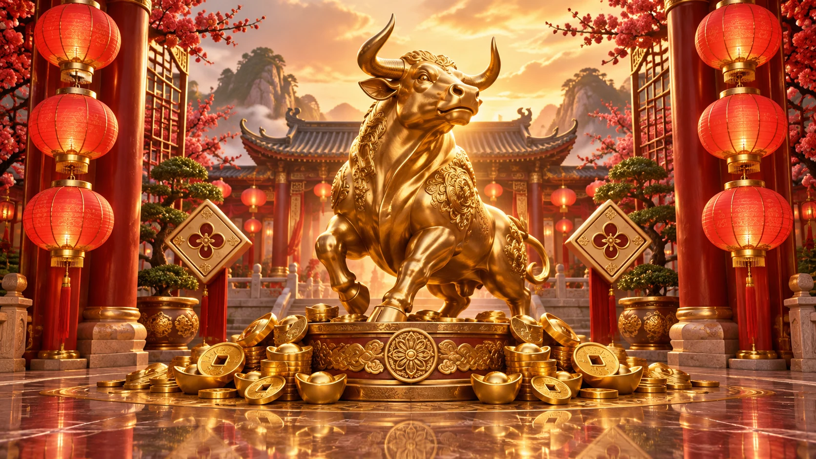 Original editorial artwork of a golden ox statue framed by symmetrical red lantern columns