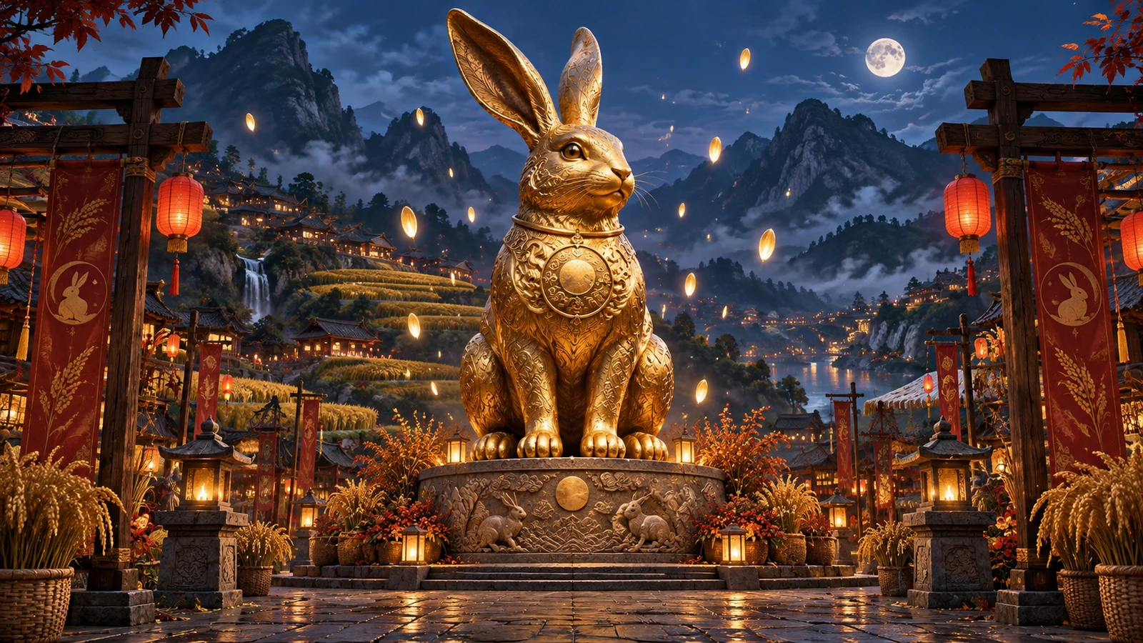 Original editorial artwork of a monumental golden rabbit guardian at the centre of a lantern-lit mountain harvest festival