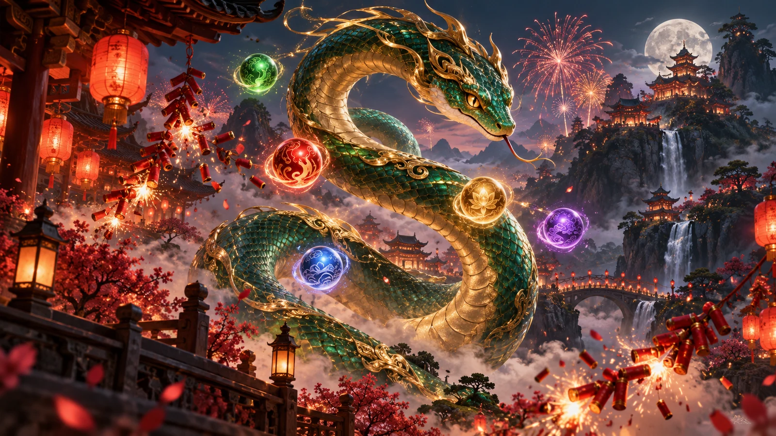 Original editorial artwork of an emerald serpent above a lantern-lit mountain temple