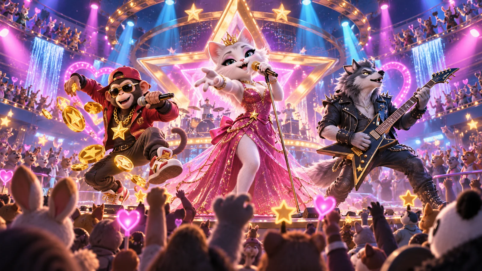 Original concert artwork with a singing cat, rapper monkey and rock wolf