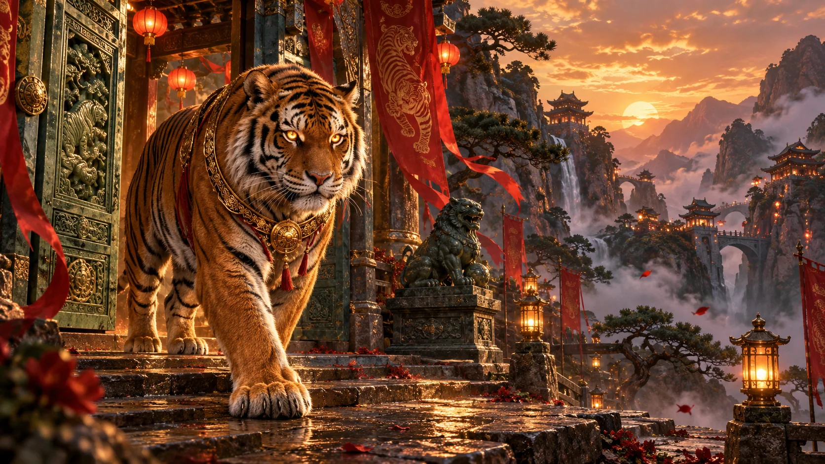 Original editorial artwork of a regal golden tiger entering a lantern-lit mountain sanctuary