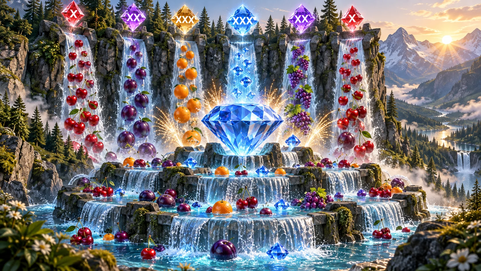 Original editorial artwork of six fruit waterfalls cascading around a luminous blue diamond
