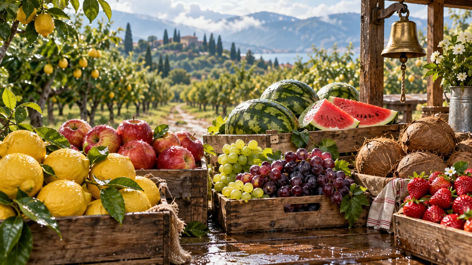 Original editorial artwork of a rain-bright orchard market with fresh fruit arranged beside wooden crates