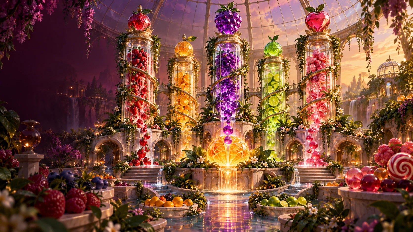 Original editorial artwork of five alternating fruit-and-glass-candy towers expanding inside a luminous greenhouse