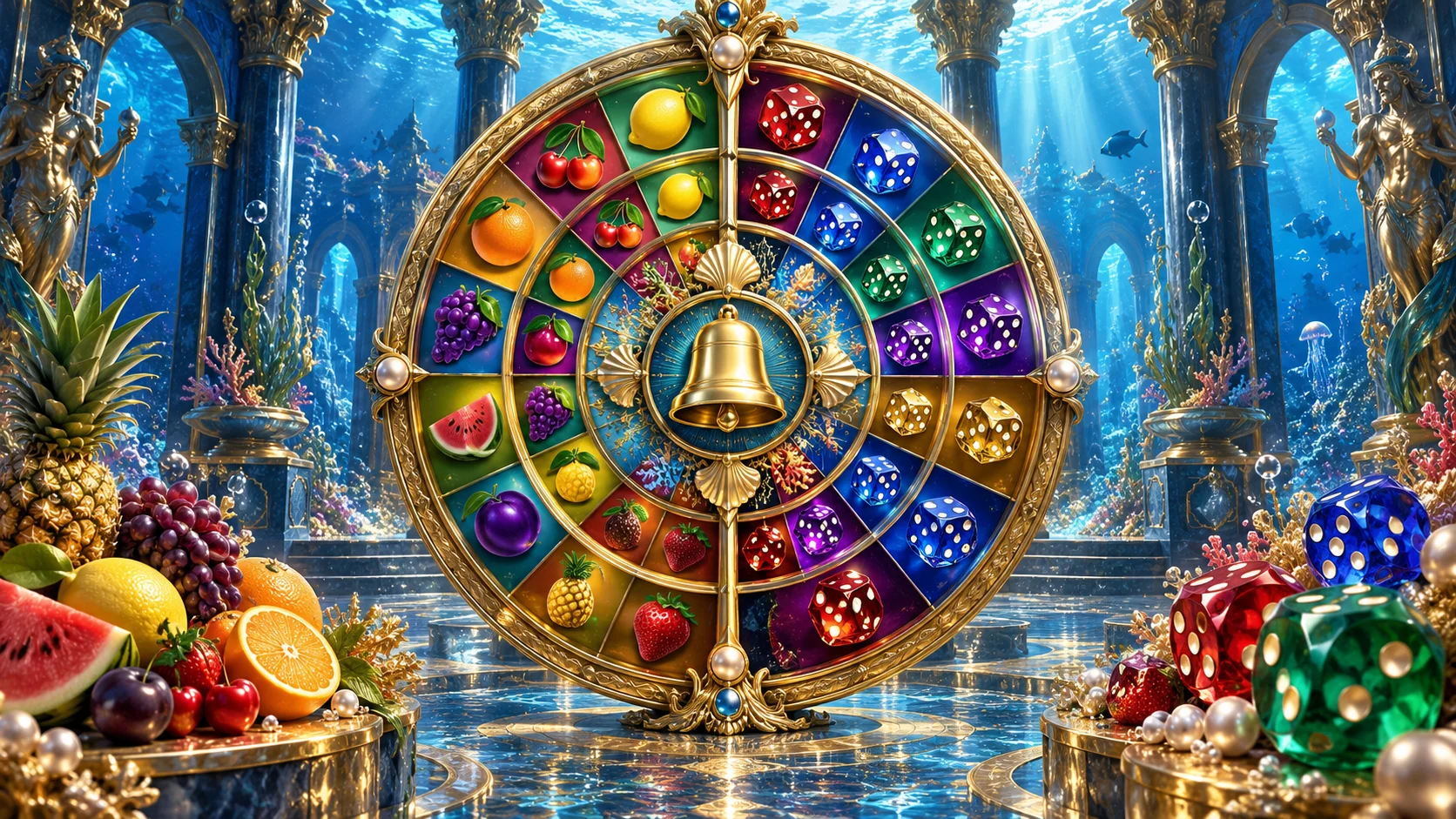 Original editorial artwork of a golden underwater wheel divided between colourful fruit and jewel-like dice