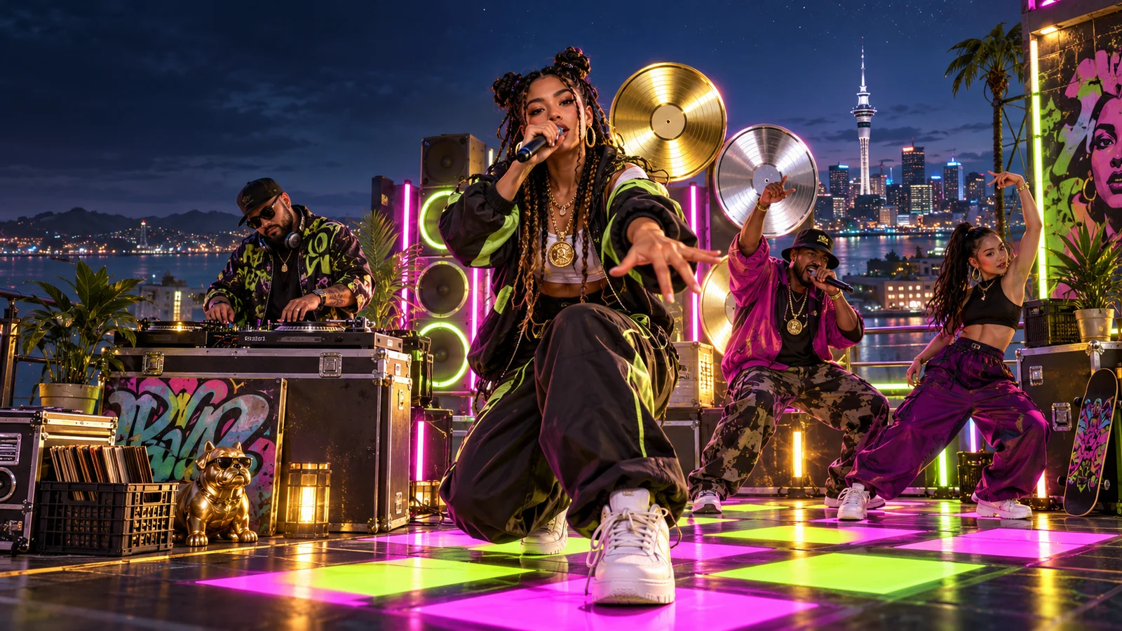 Original editorial artwork of hip-hop performers on a neon rooftop stage in Auckland