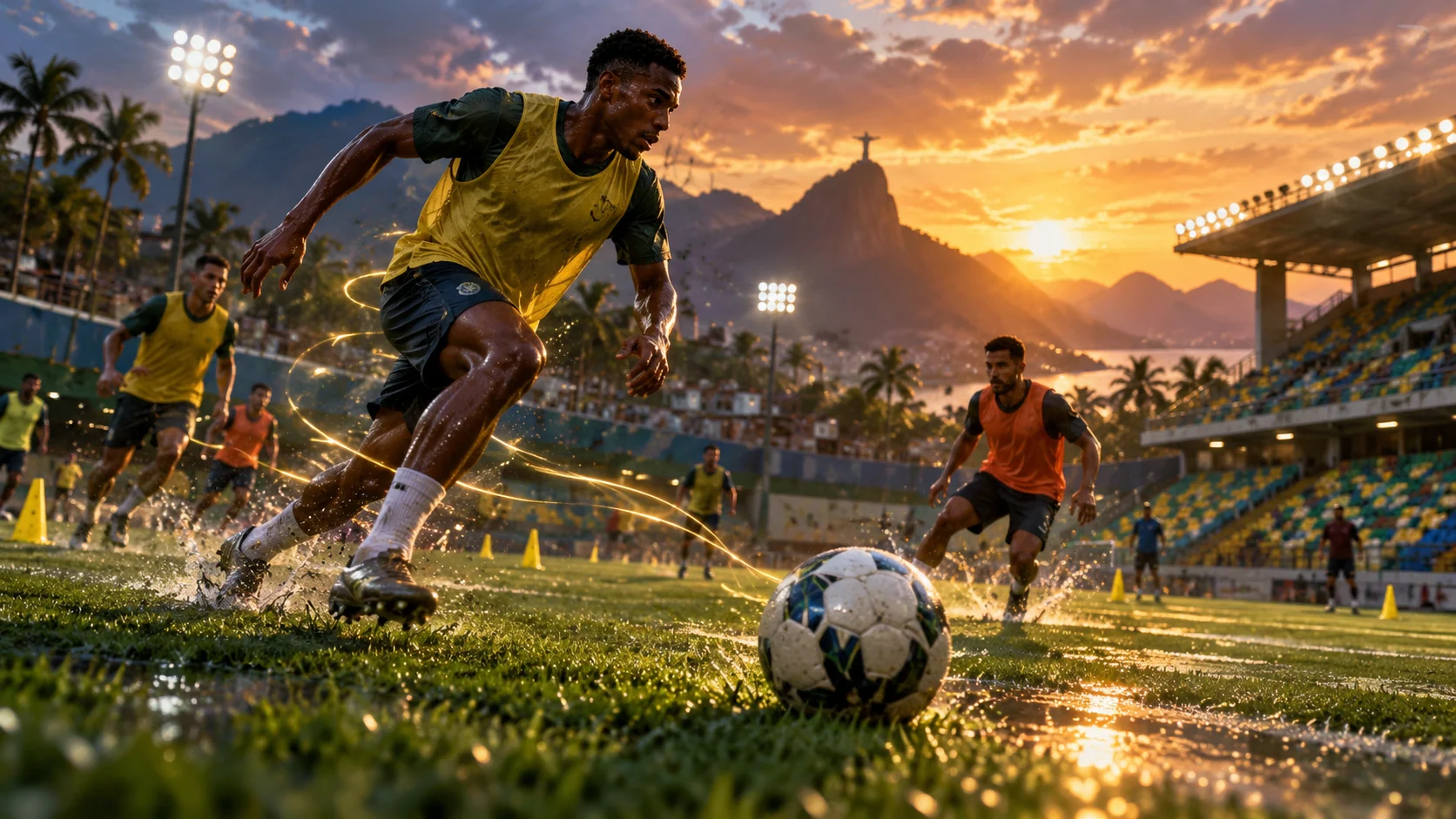 Original editorial artwork of adult footballers training on a rain-lit Brazilian pitch at sunset