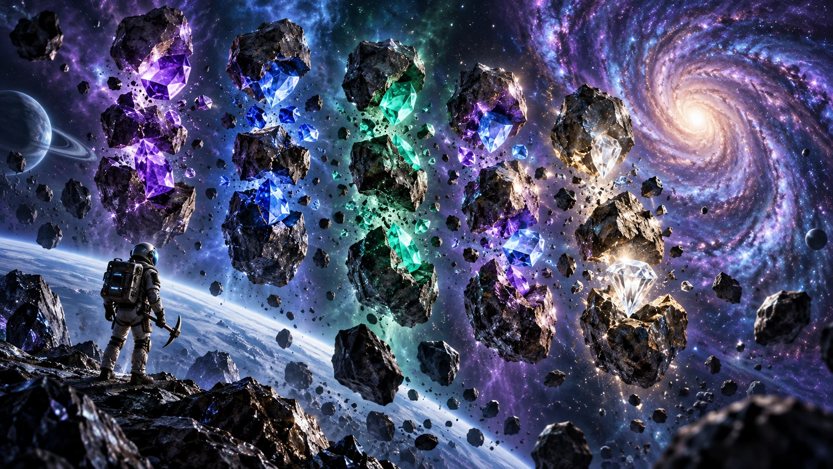 Original editorial artwork of an astronaut observing twelve gem-filled meteorite blocks near a spiral galaxy