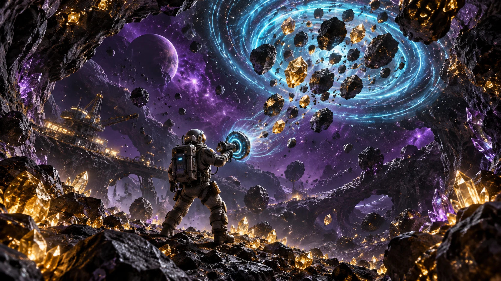 Original editorial artwork of an astronaut mining luminous crystals with a gravitational vortex in an asteroid cavern