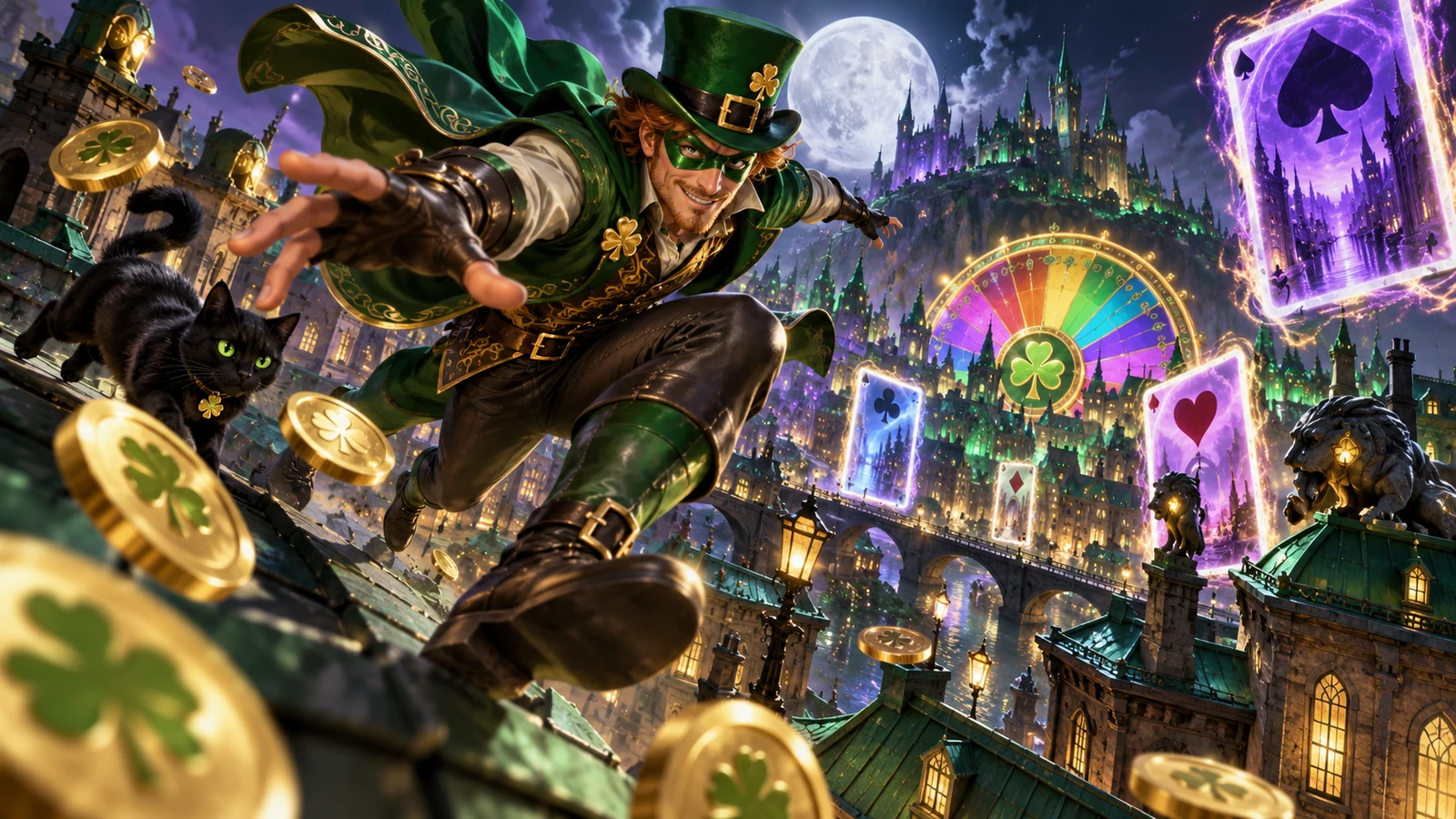 Original comic-style artwork of a masked clover hero above an emerald city with cards and a fortune wheel