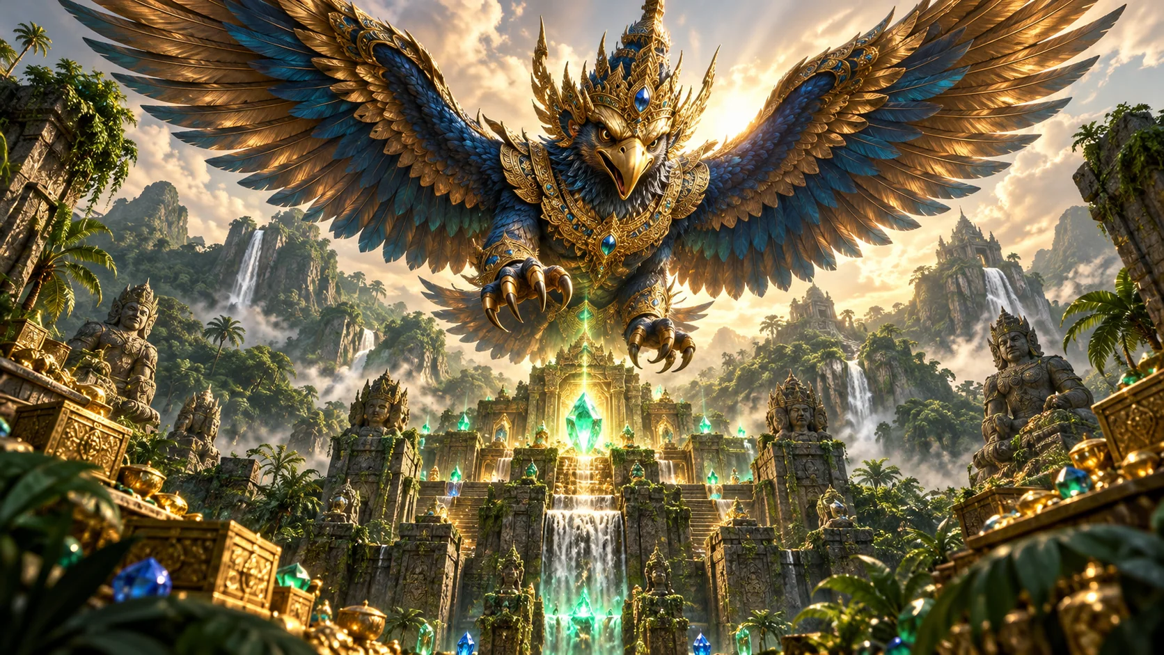 Original editorial artwork of a jewelled Garuda flying above an emerald temple treasury