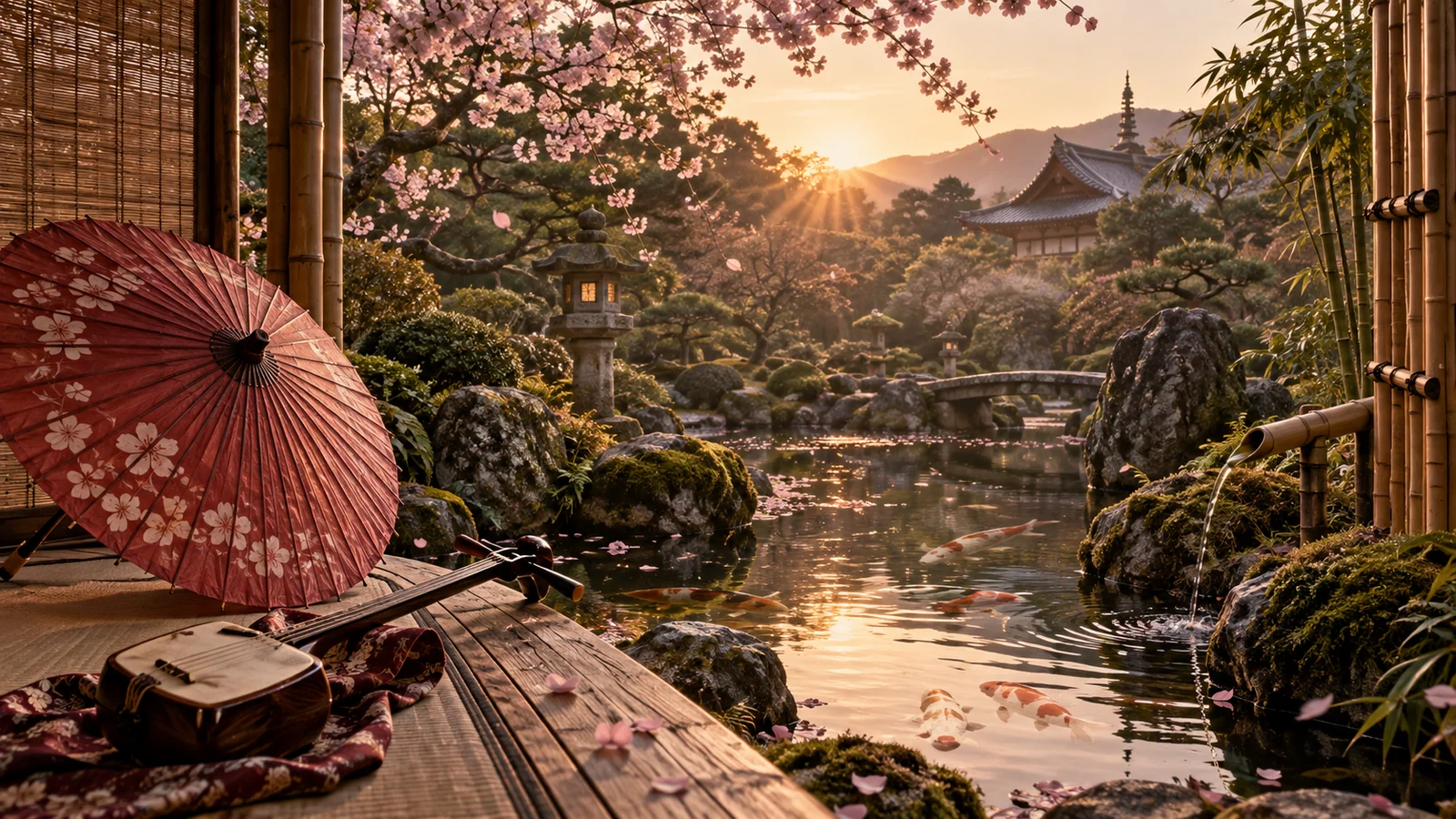 Original editorial artwork of a serene Japanese garden with koi pond, paper umbrella, shamisen and cherry blossoms