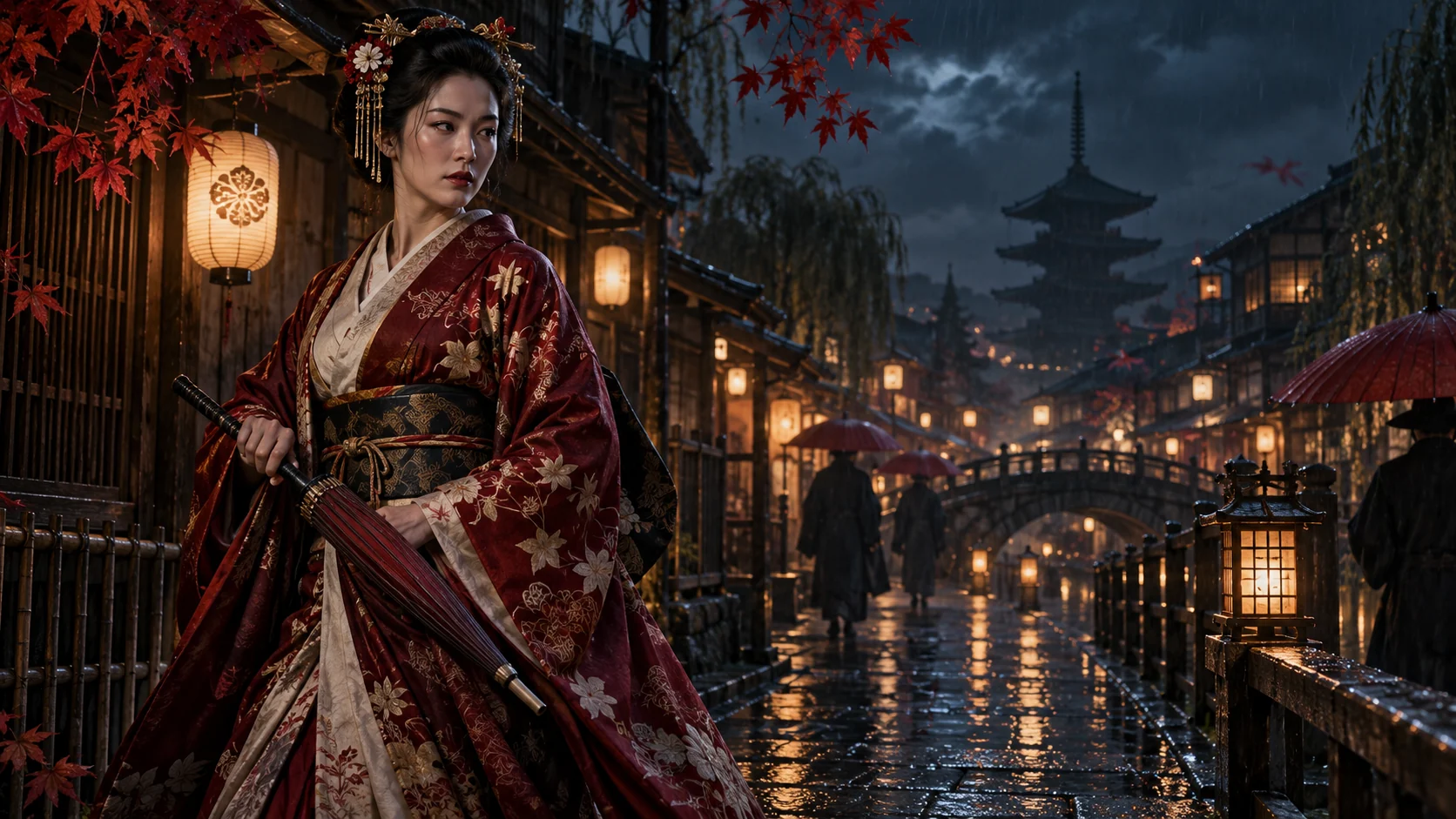 Original editorial artwork of a fictional adult geisha intelligence operative standing in a rain-lit Edo-era street with a closed parasol