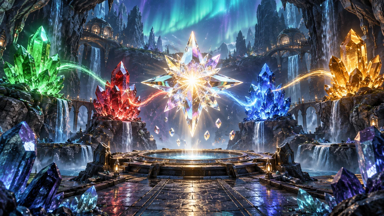 Original editorial artwork of coloured crystals linked to a radiant star in an aurora cavern