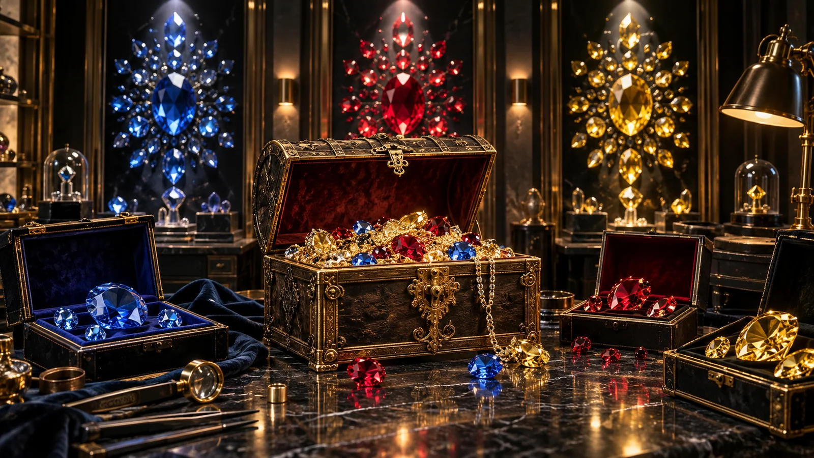Original editorial artwork of a jeweller's workshop with open cases of blue, red and yellow gems around a central antique chest