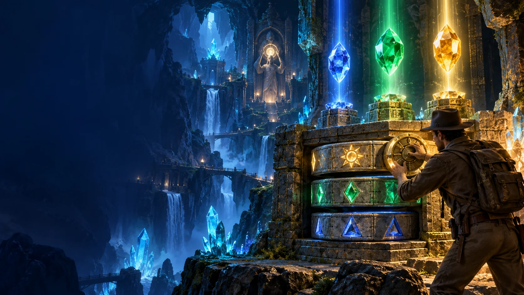 Original editorial artwork of an explorer unlocking layered mechanisms beneath glowing gemstones in a crystal temple