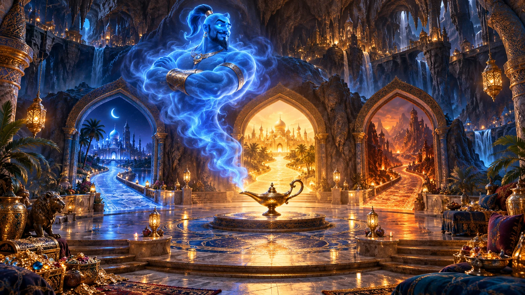 Original editorial artwork of a magic lamp beneath a genie and three illuminated paths