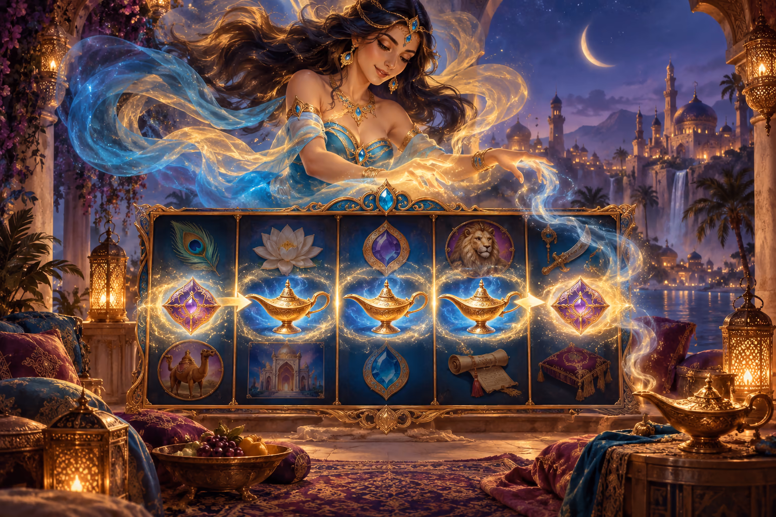 Original Arabian fantasy scene with a golden-blue genie, three lamps and matching transformed symbols on five reels