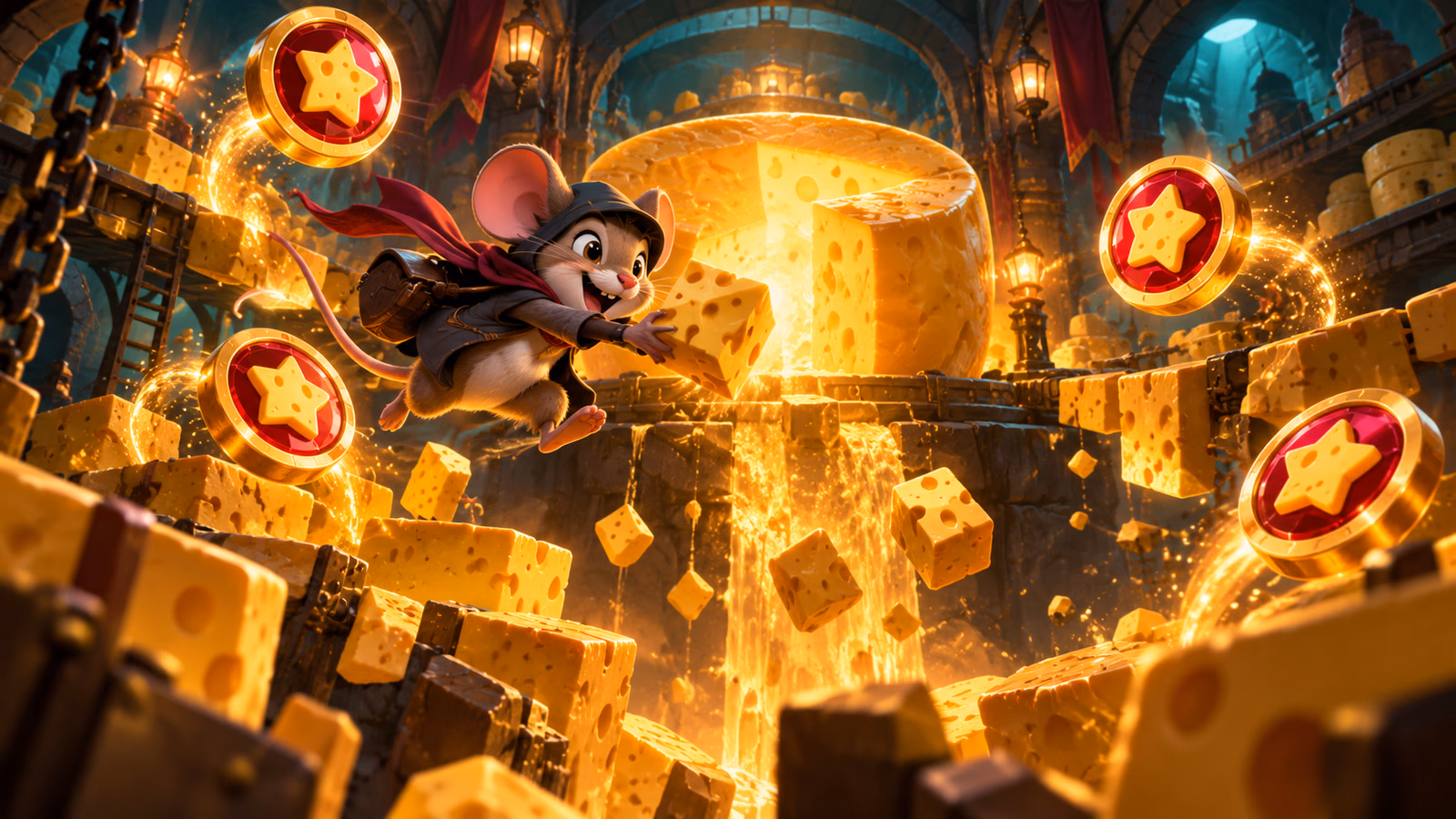 Original mouse thief leaping through a glowing cheese vault with four jumping multiplier tokens