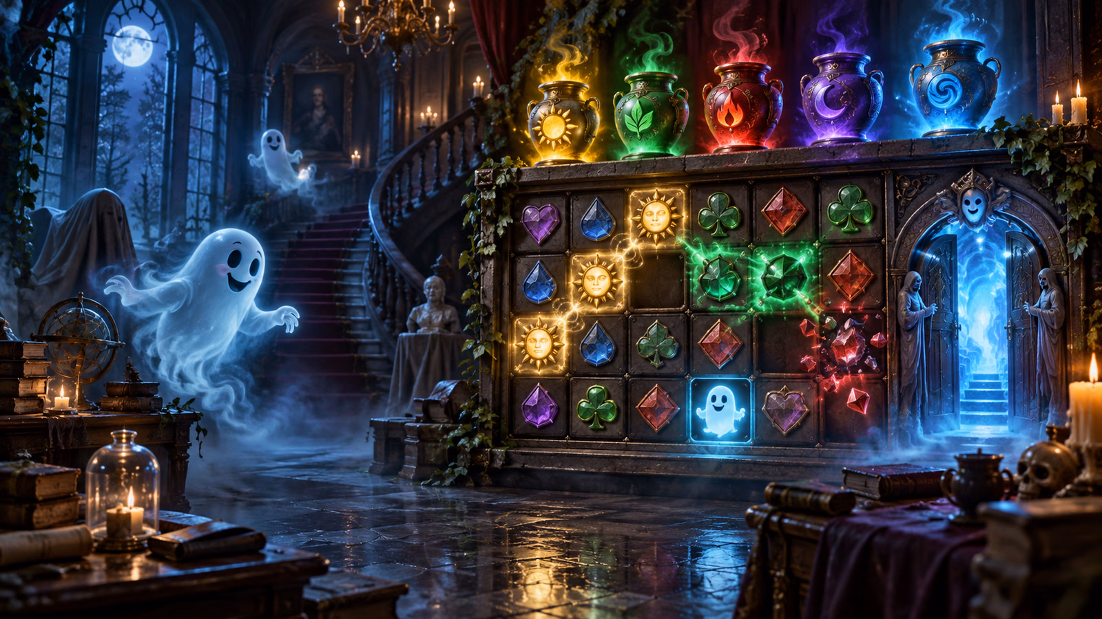 Original haunted mansion cluster board with one ghost glyph and five coloured urns