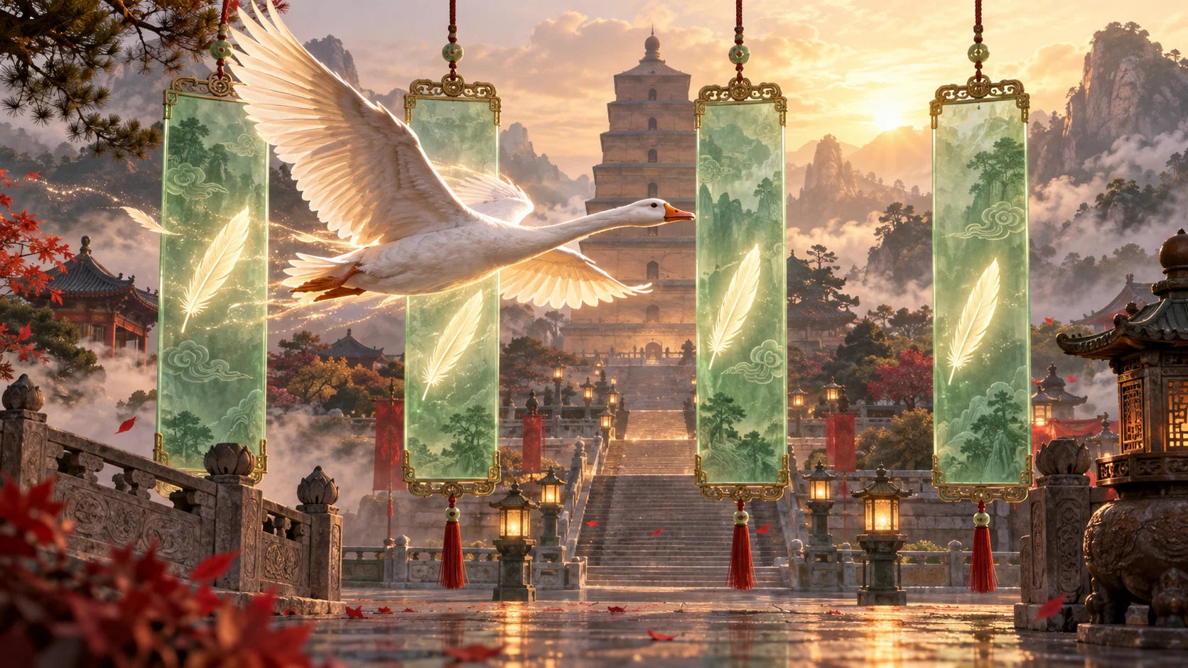 Original editorial artwork of a white goose flying through four jade panels toward a glowing pagoda