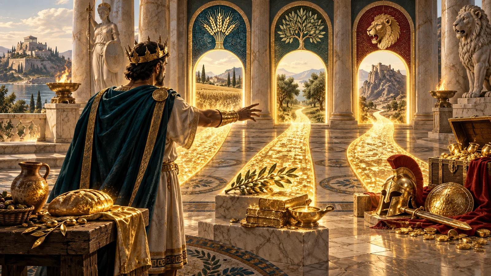 Original cinematic illustration of King Midas before three glowing golden pathways