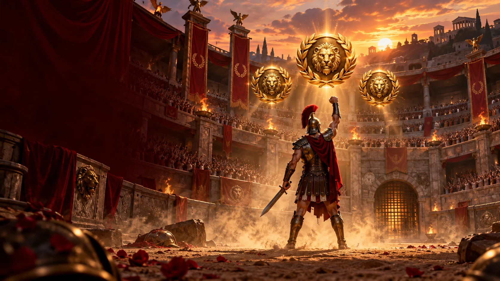 Original editorial artwork of a Roman gladiator beneath three bronze multiplier medallions in a sunset arena