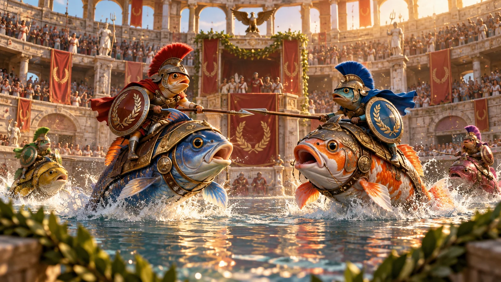 Original editorial artwork of armoured fish gladiators competing in a sunlit Roman water arena
