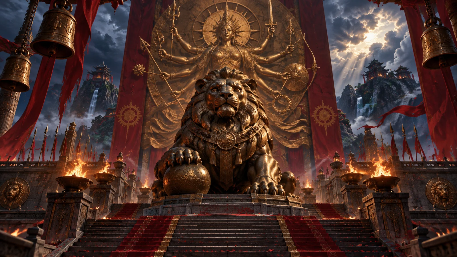Original editorial artwork of a bronze lion guardian before a symbolic many-armed warrior relief