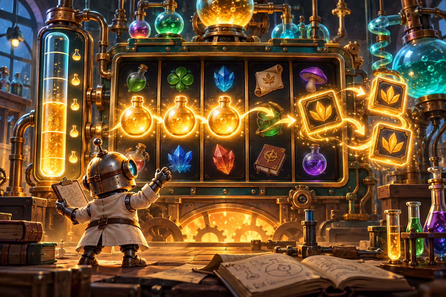 Original alchemy laboratory with a robot-like scientist, glowing beaker meter and three golden flask Scatters on a reel board