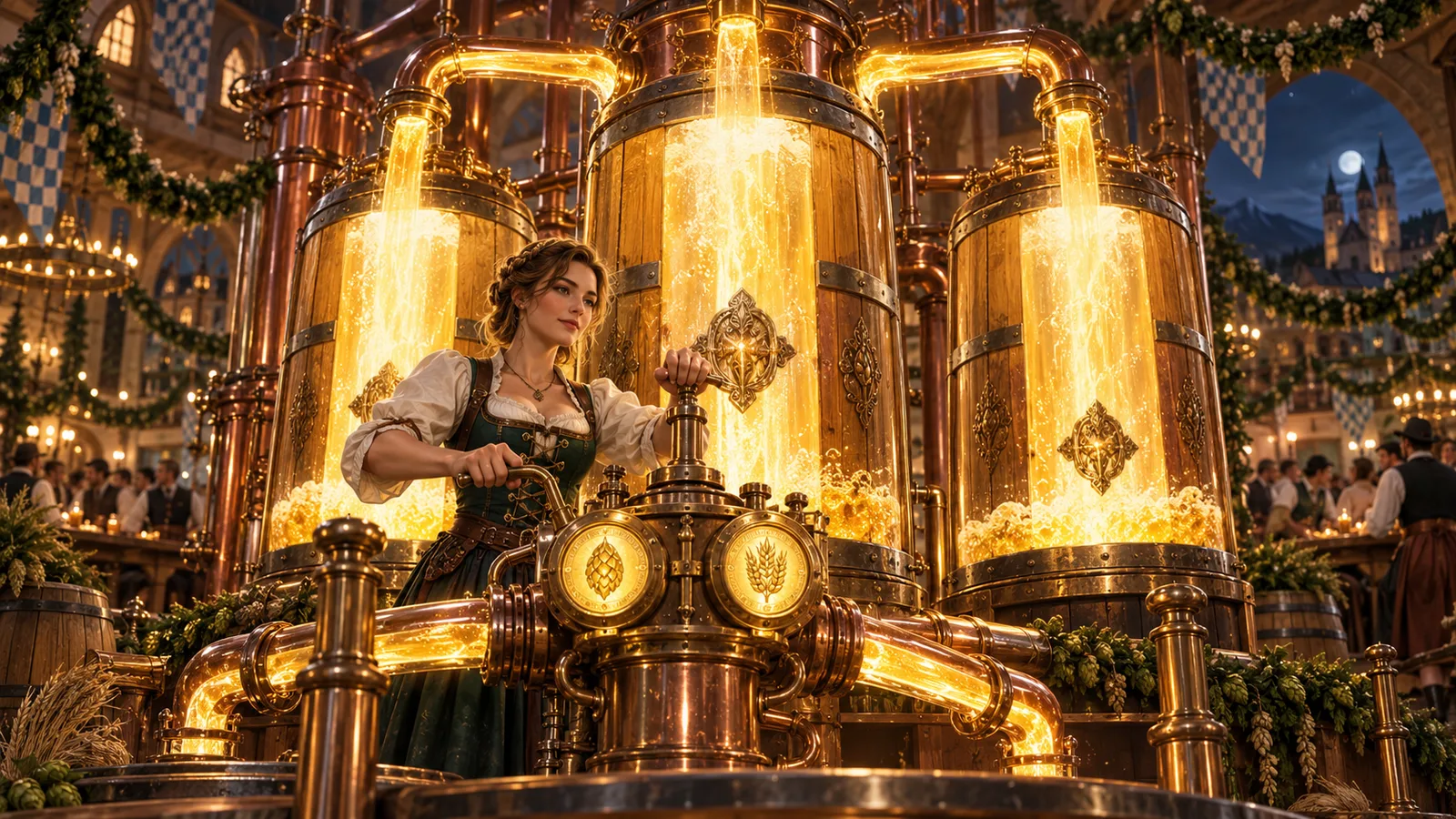 Original editorial artwork of a master brewer operating luminous barrels and ornate copper pipes