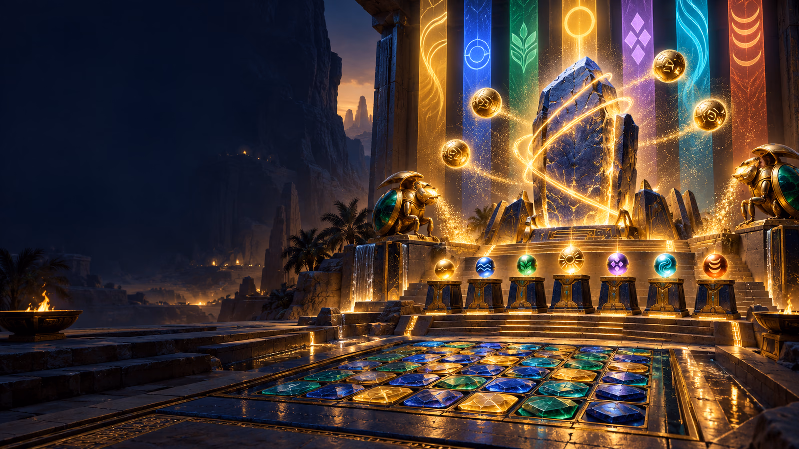 Original ancient glyph workshop with a cluster grid, seven lit tools, scarabs and a giant stone Wild