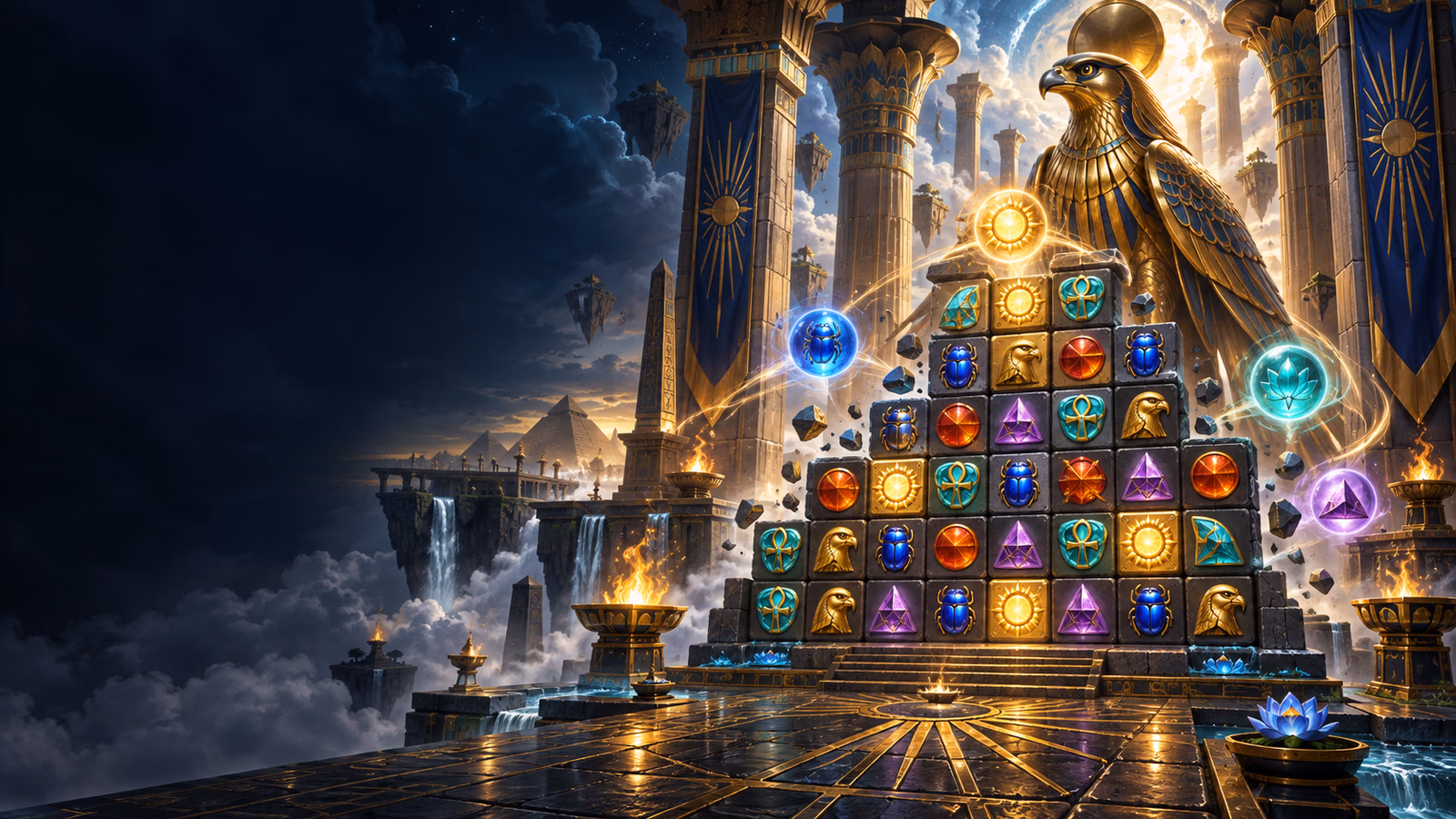 Original Egyptian sky temple with expanding cluster wall, golden falcon guardian and four power-glyph energy orbs