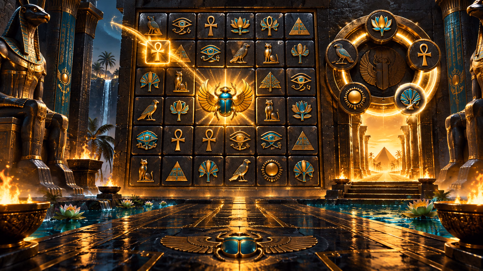 Original Egyptian glyph chamber with a 7 by 7 board, central scarab and five-part golden power wheel