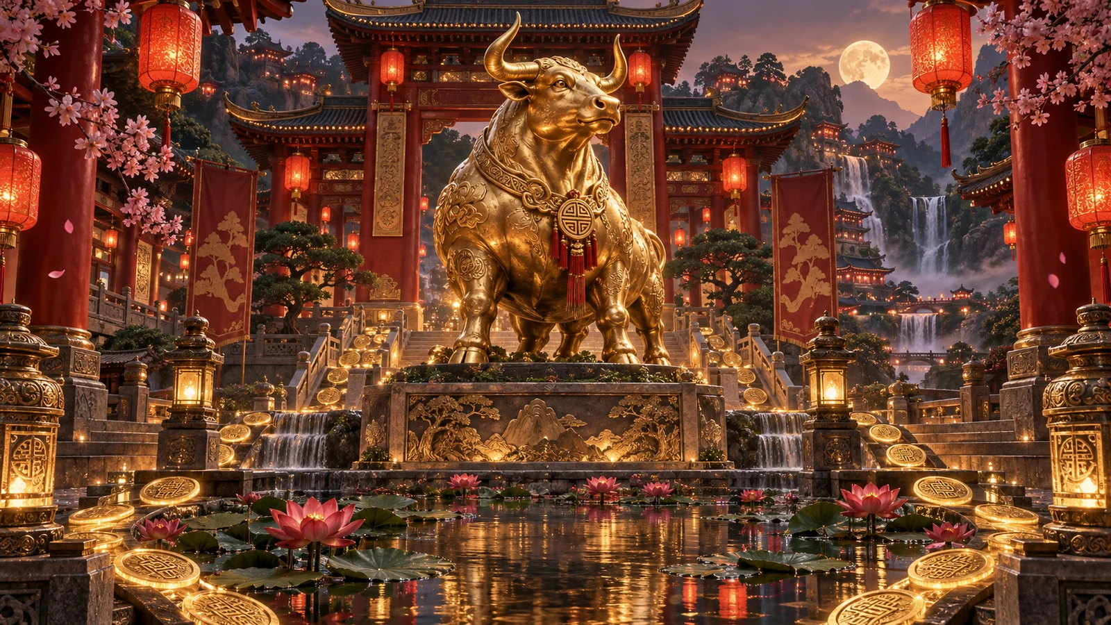 Original editorial artwork of a monumental golden ox in a lantern-lit festival courtyard