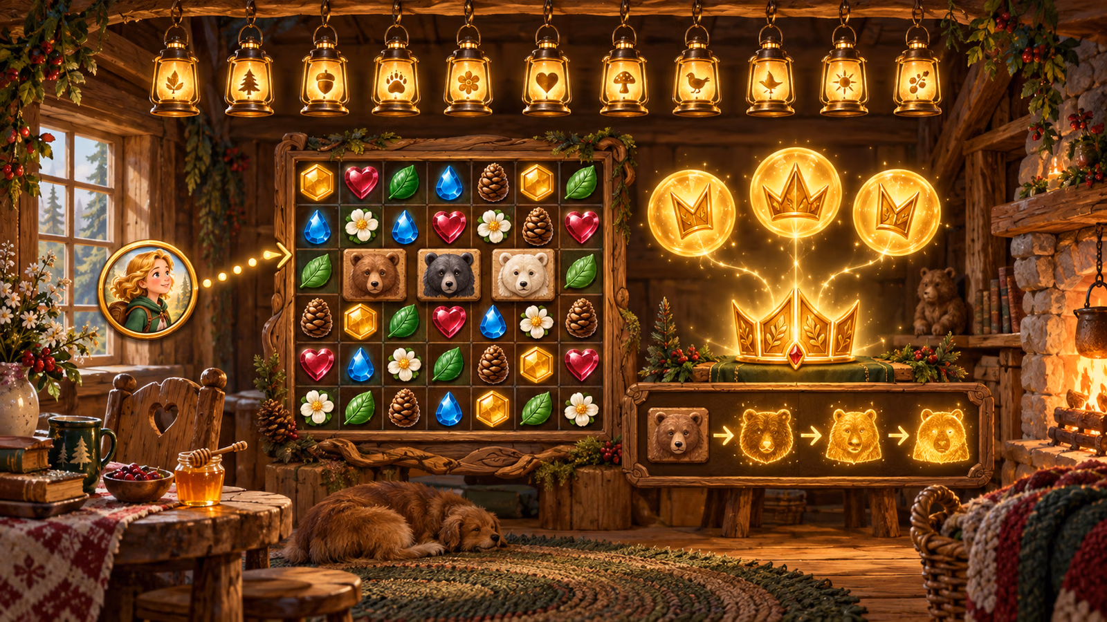Original woodland cottage with a jewel board, three bear symbols, three multiplier tokens and a staged golden Bear conversion panel