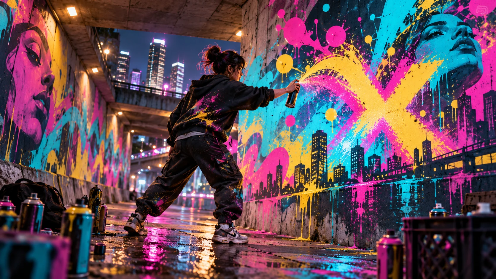 Original editorial artwork of a street artist painting a vivid mural in a neon city underpass