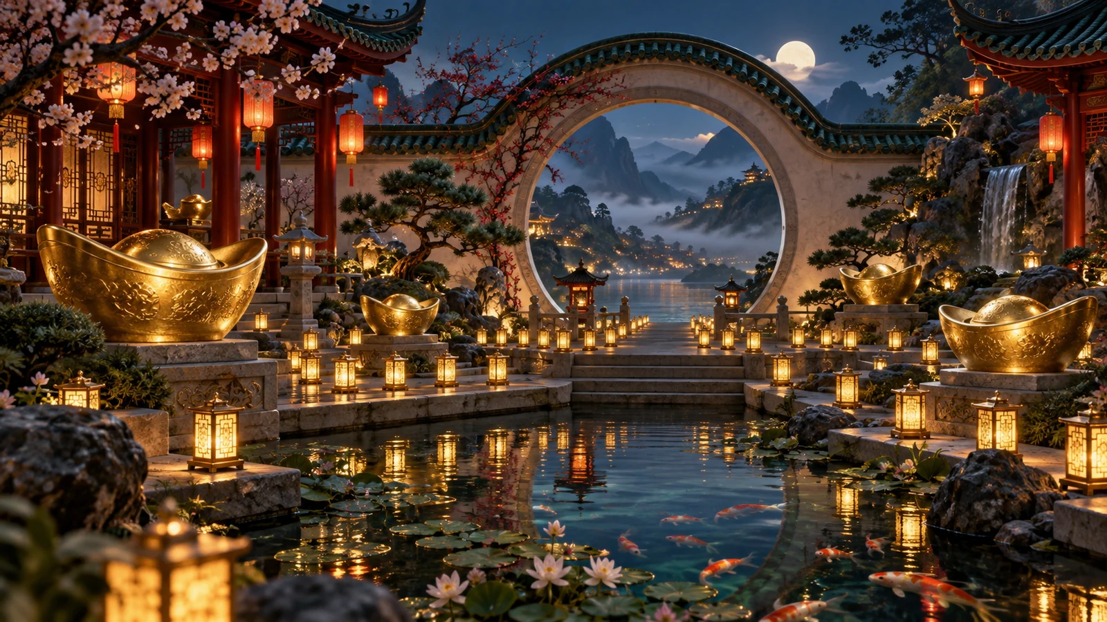 Original editorial artwork of a moon gate, golden ingots and layered lanterns in an East Asian-inspired garden