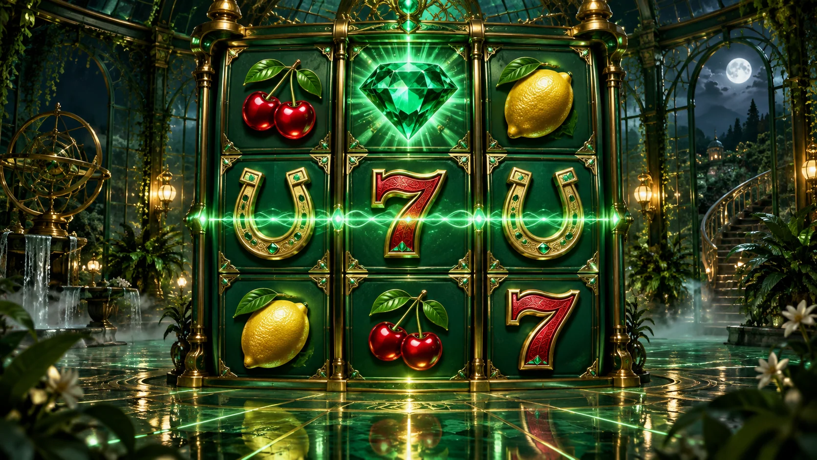 Original editorial artwork of a green three-by-three fruit machine inside an emerald glass conservatory