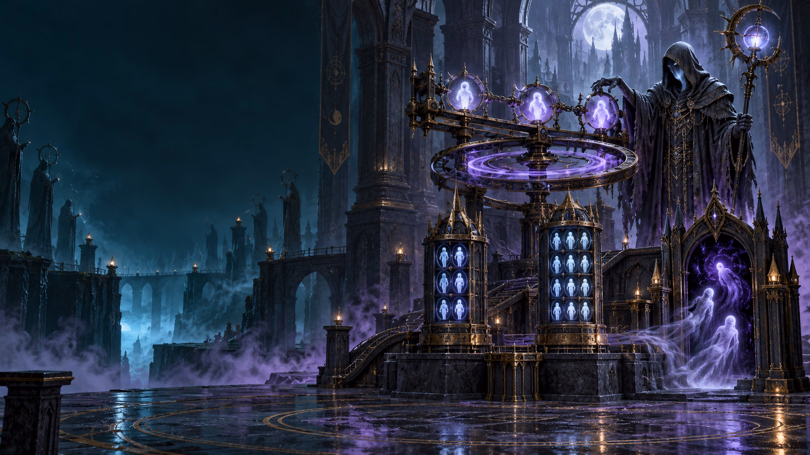 Original gothic collection machine with spectral orbs, ritual rings and a cloaked keeper