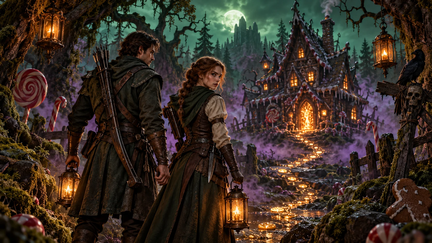 Original editorial artwork of two adult fairytale hunters approaching a cursed confectionery house at night