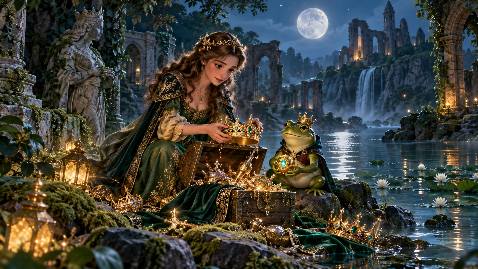 Original editorial artwork of a princess and enchanted frog collecting crowns beside a moonlit forest lake