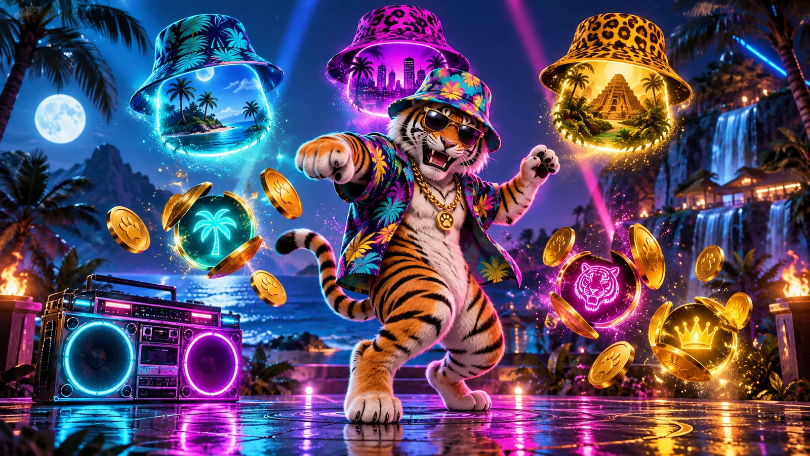 Original neon illustration of a dancing tiger with a boombox and three glowing portals