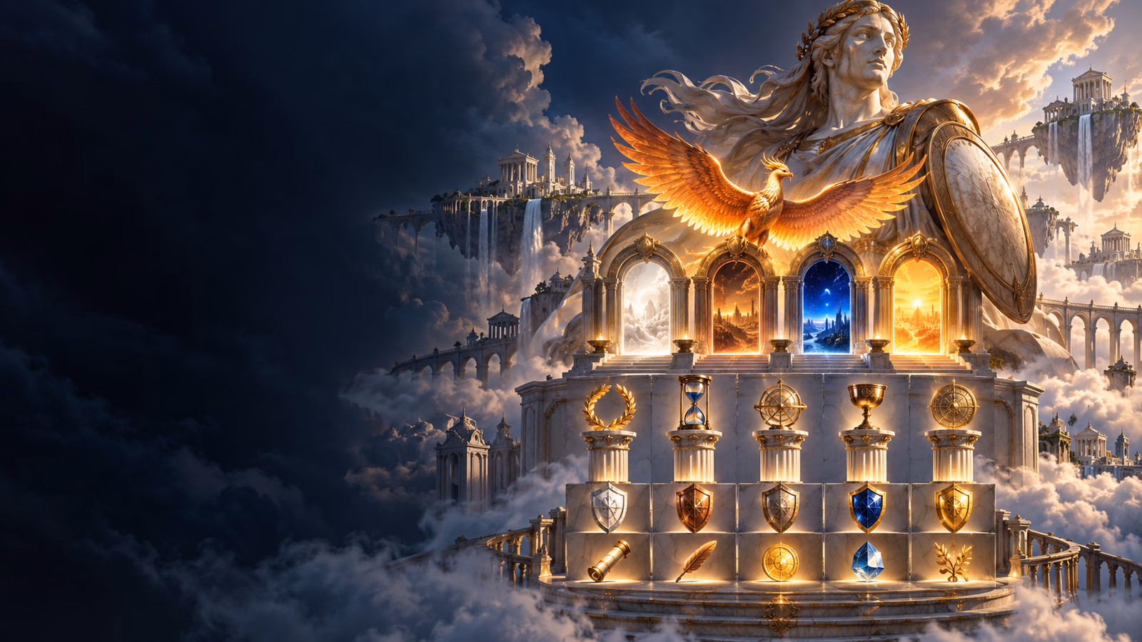 Original floating classical city with four fate gates, multiplier shields and a five-reel symbol panel