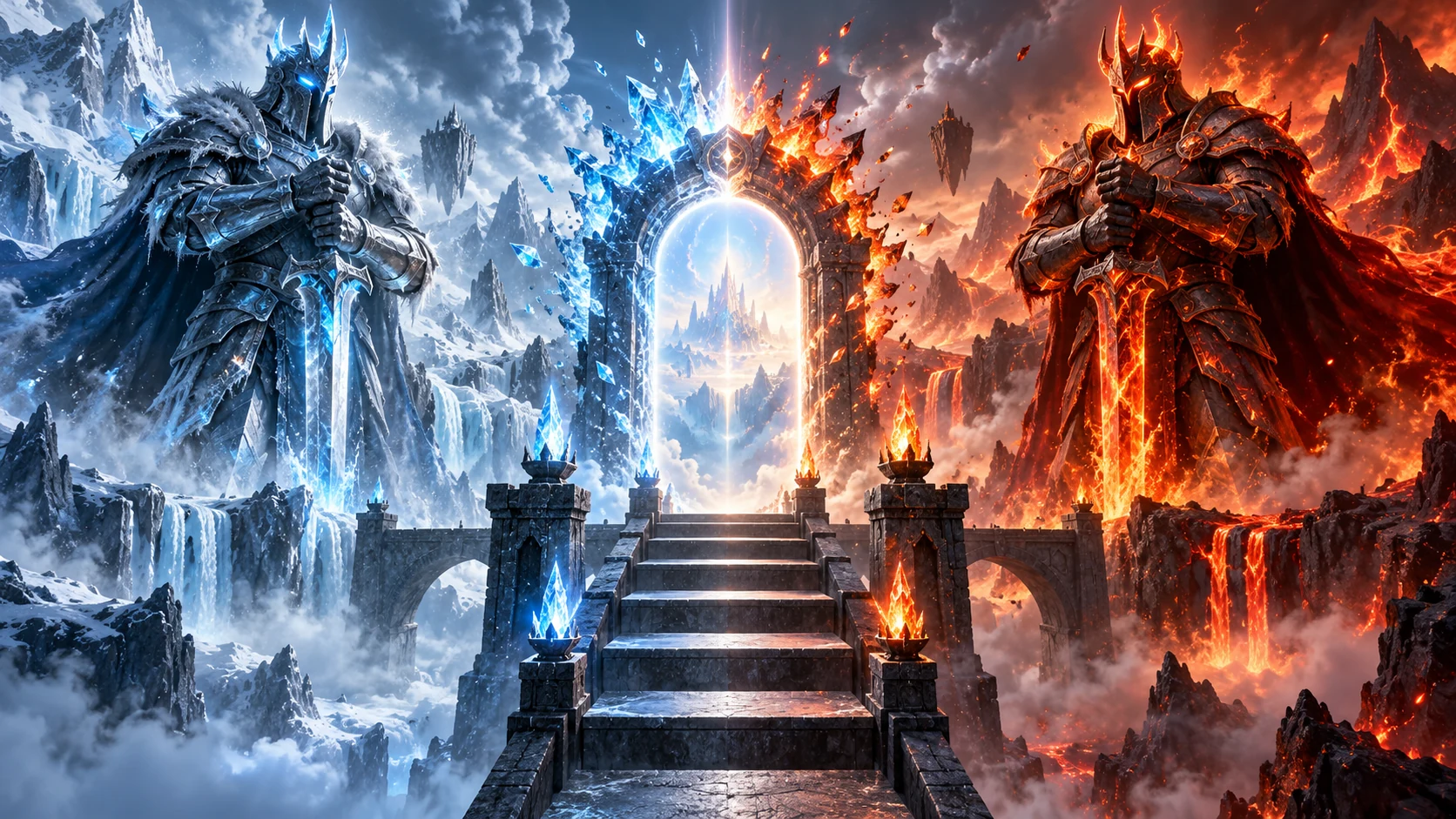 Original editorial artwork of an ice guardian and a fire guardian framing a luminous central portal