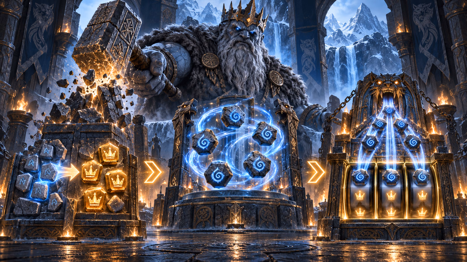 Original Nordic mountain hall with a troll king smashing upgrade blocks through three visual bonus stages